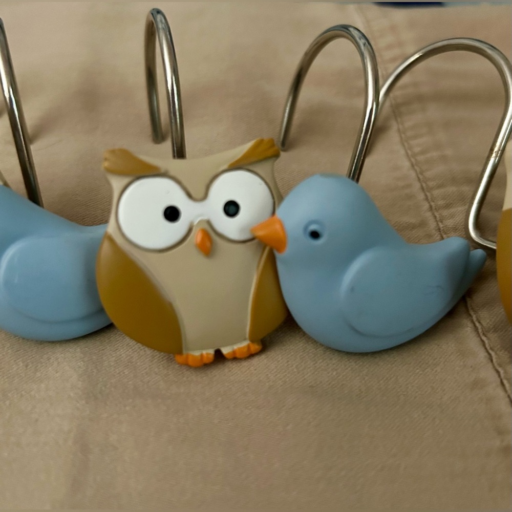 Set of 12 Owl and Blue Bird Shower Curtain Hooks